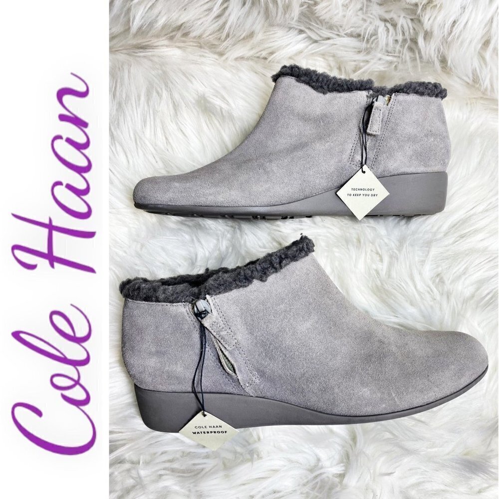 NWOB COLE HAAN Grand OS Callie Waterproof Suede Shearling Wedge Bootie Gray,‎ 10